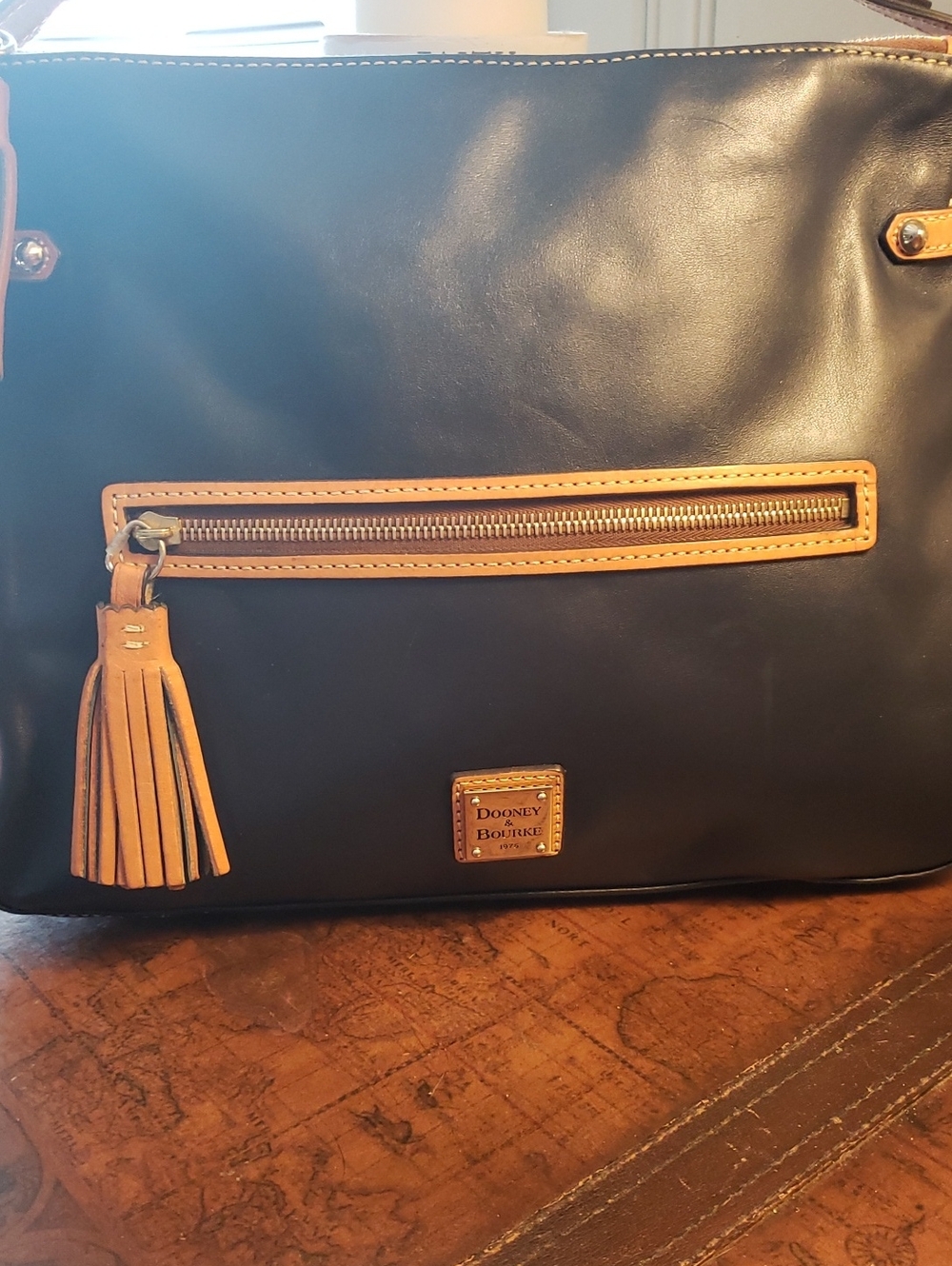 Dooney & Bourke Black Leather Tote with Tan Trim